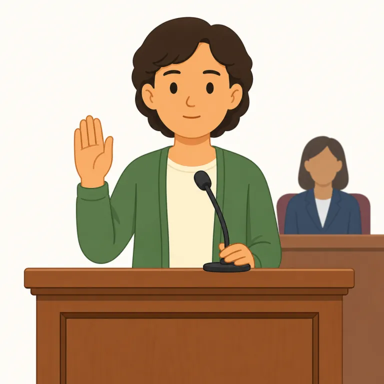 testify（証言する・動詞）の覚え方イラスト — testify は、主に法廷などで「証言する」という意味の動詞です