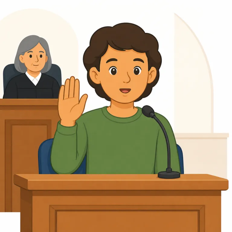 testimony（証言・名詞）の覚え方イラスト — testimony の「証言」は、人が見たこと・知っていることを正式に述べる内容を指す