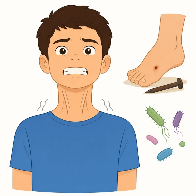 tetanus（破傷風・名詞）の覚え方イラスト — 医療語なので、単独で暗記するより wound → infection → stiff muscles → tetanus shot の流れで覚えると残りやすいです