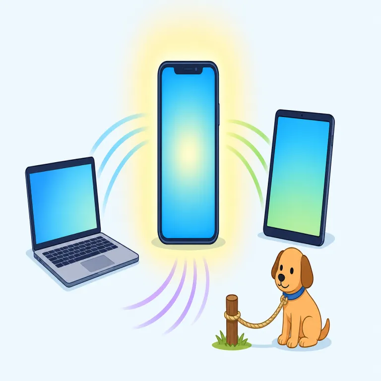 tethering（テザリング（通信回線共有）・動物をロープでつなぐこと・名詞）の覚え方イラスト — まず tether = ひもでつなぐ を核に置くと覚えやすい