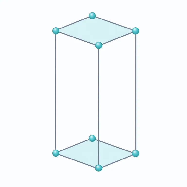 tetragonal（正方晶系・形容詞）の覚え方イラスト — tetra- は「4」を連想させ、tetragonal は結晶で四回対称や正方形の底面を思い浮かべると覚えやすいです