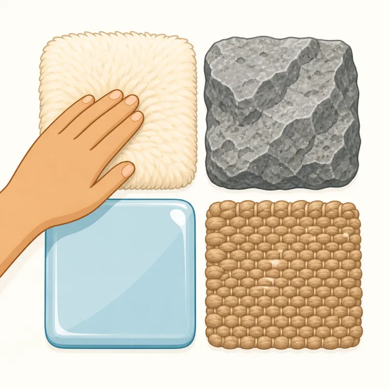 texture（質感、手触り・名詞）の覚え方イラスト — まず「見た目だけでなく、触れたときに表面をどう感じるか」を中心に置くと覚えやすいです