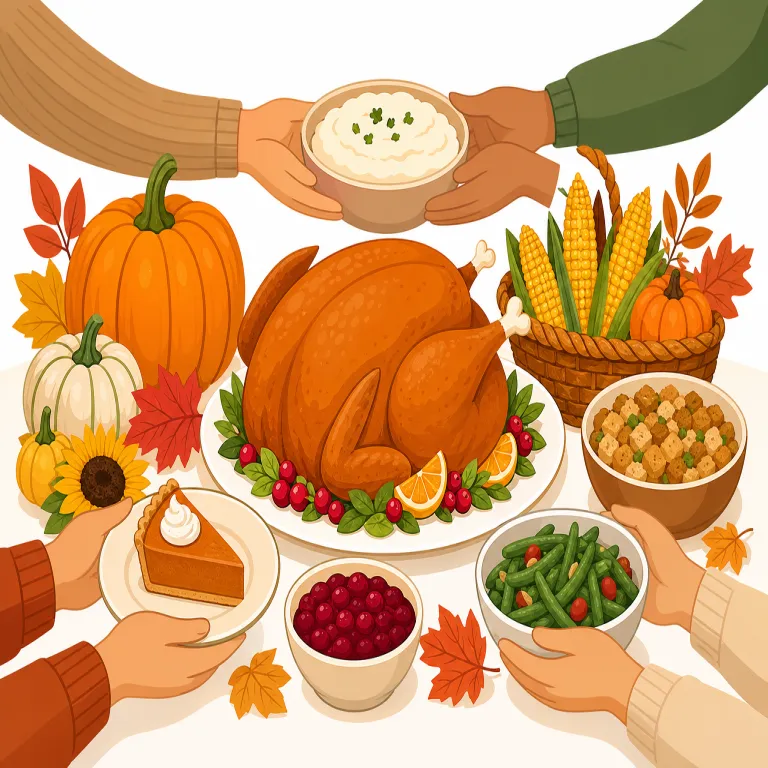 thanksgiving（感謝祭・名詞）の覚え方イラスト — thank を知っていれば、Thanksgiving は「thanks を giving する日」と場面で覚えると定着しやすい単語です