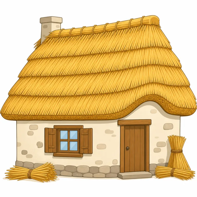 thatch（茅葺き屋根、屋根葺き材・名詞）の覚え方イラスト — 乾いた草をたくさん重ねて、家の屋根をふさぐ様子を思い浮かべましょう