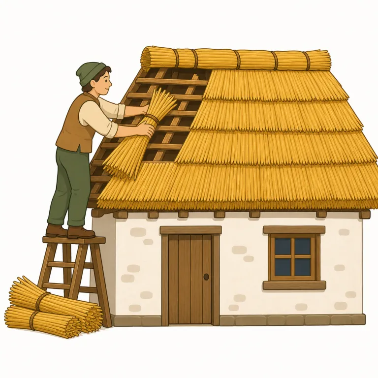 thatch（茅で葺く・verb）の覚え方イラスト