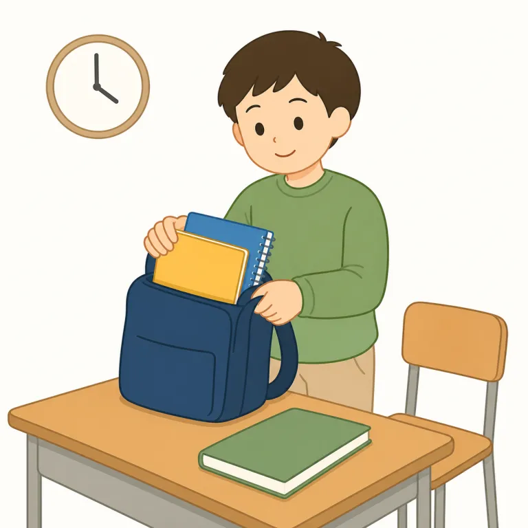 the class is over（授業は終わりました）の覚え方イラスト — over＝「上」だけでなく「終わっている」の感覚もあると押さえると覚えやすい表現です