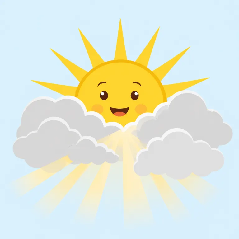 the sun is coming out（日が差してきた・フレーズ）の覚え方イラスト — ポイントは come out を「外へ出る」ではなく「隠れていたものが現れる」とまとめて覚えること