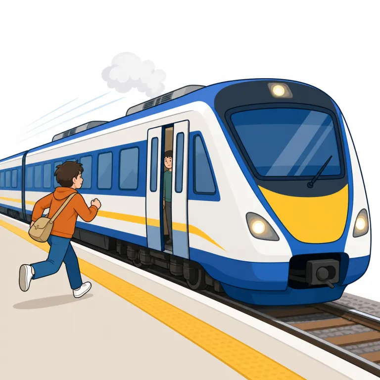 the train leaves soon（電車はすぐ発車）の覚え方イラスト — 丸ごと暗記するより、the train / leaves / soon の3つで区切って覚えると残りやすいです