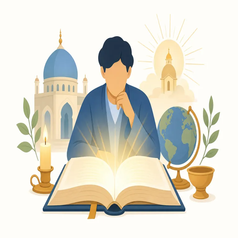 theology（神学・名詞）の覚え方イラスト — theology の「神学」は、単に宗教を広く調べるというより、神の存在、教義、聖典の解釈、信仰の体系を理論的に考える学問として覚えると整理しやすいです
