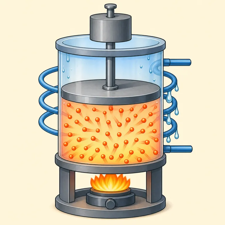 thermodynamics（熱力学・名詞）の覚え方イラスト — thermo- は thermometer（温度計）や thermal（熱の）で見慣れた「熱」、dynamics は dynamic（力強く動く）や dynamics o…