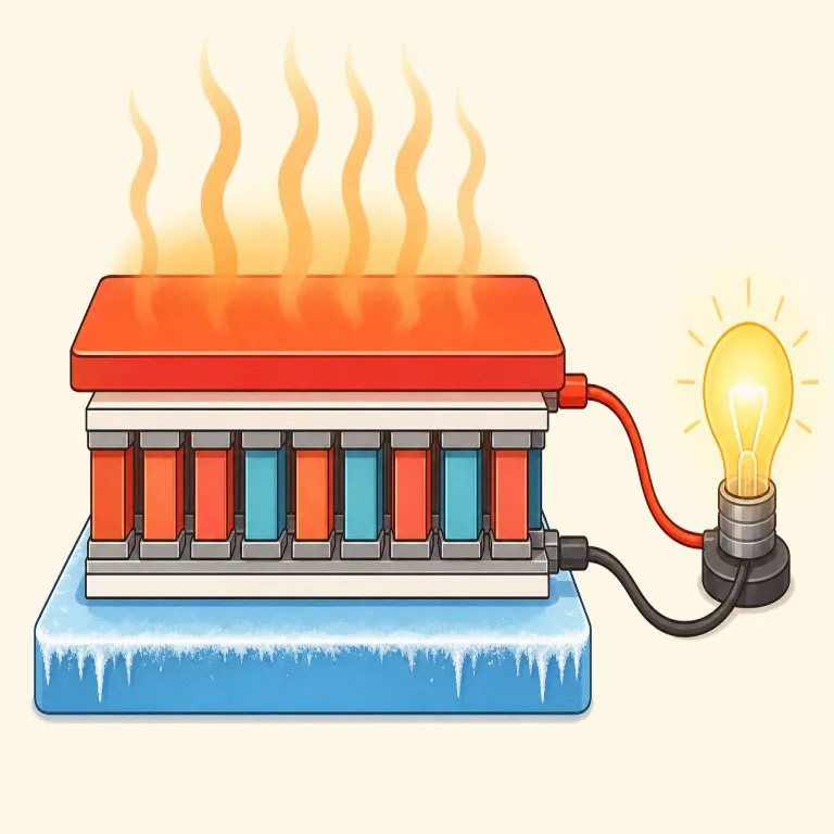 thermoelectric（熱電・形容詞）の覚え方イラスト — thermo- は thermometer や thermal の「熱」、electric はそのまま「電気」