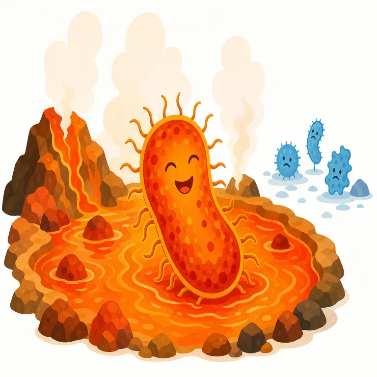 thermophilic（好熱性の・形容詞）の覚え方イラスト — thermo- は thermometer や thermal でおなじみの「熱」