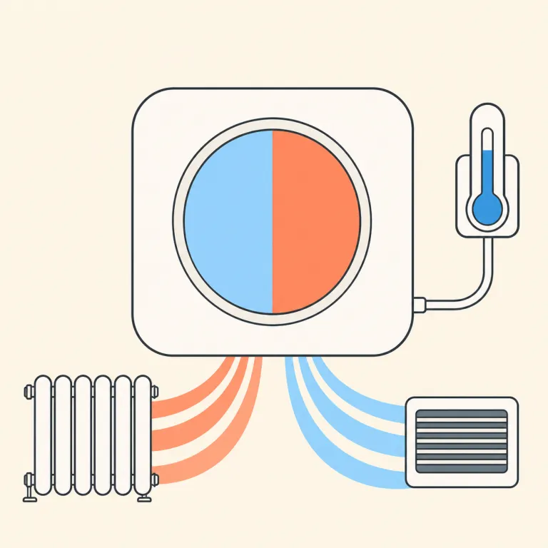 thermostat（サーモスタット・名詞）の覚え方イラスト — thermo- は thermometer や thermal に出るので「熱・温度」の仲間だとまず押さえると覚えやすいです