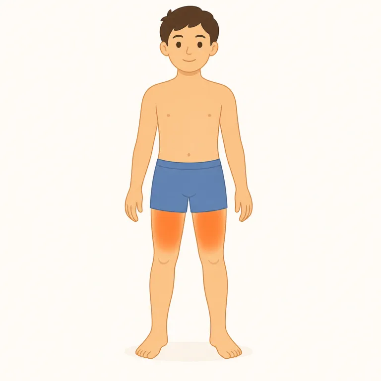 thigh（太もも・名詞）の覚え方イラスト — thigh は脚全体ではなく、腰と膝の間にある太い上部を指す体の部位名です