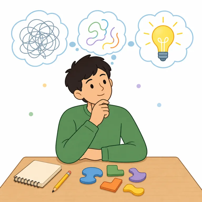 think out（考え抜く・句動詞）の覚え方イラスト — この意味では、think out は単にアイデアを出すのではなく、問題・計画・答えを最後まで丁寧に検討する感覚です
