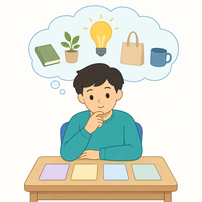 think over（よく考える・句動詞）の覚え方イラスト — think over は、決断の前に時間を置いて慎重に検討するという意味です