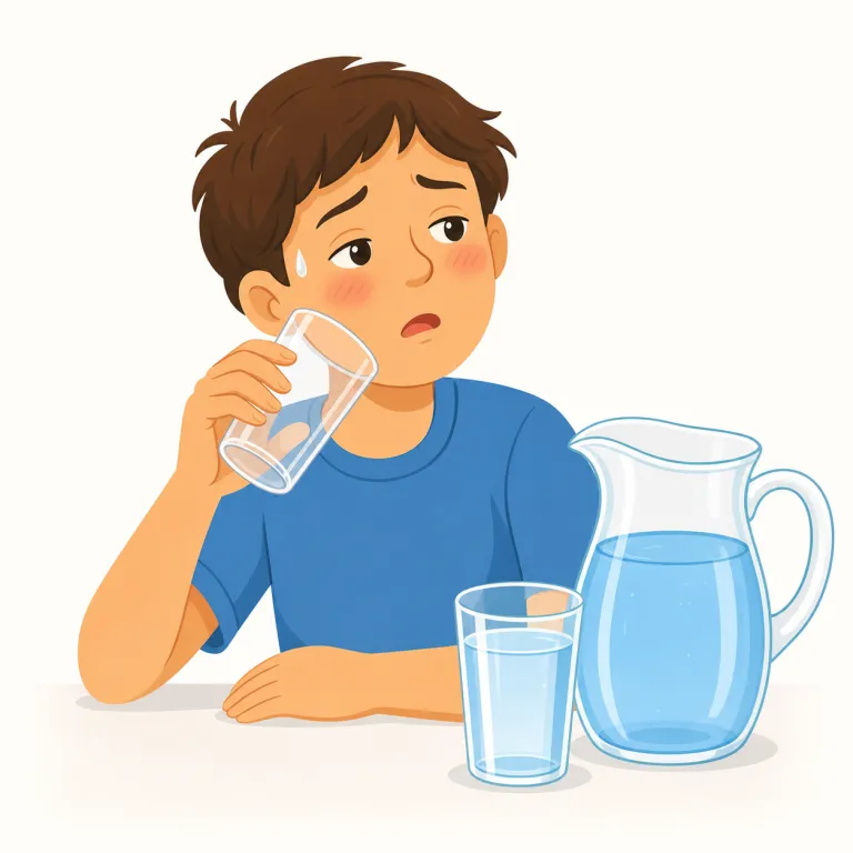 thirst（喉の渇き・名詞）の覚え方イラスト — 名詞 thirst は「乾いている状態」そのものより、「飲みたい、満たしたい」という内側の欲求に焦点があります