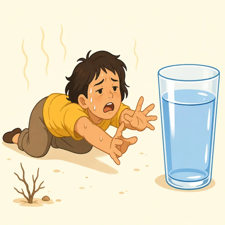 thirsting（喉が渇く・（比喩的に）渇望する・動詞）の覚え方イラスト — まず基本語の thirst「渇き」と thirsty「喉が渇いた」をセットで思い出すと、thirsting は『渇きを感じ続けている／強く求めている』状態だ…