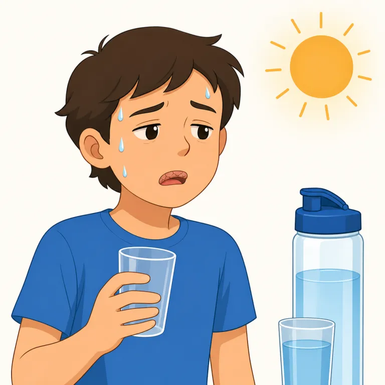 thirsty（のどが渇いた、〜を渇望する・形容詞）の覚え方イラスト — thirst（渇き）を知っていれば、-y が付いて「渇いている状態」の形容詞だと押さえやすいです