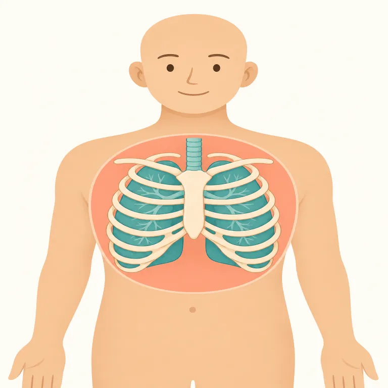 thoracic（胸郭の・形容詞）の覚え方イラスト — thoracic はギリシャ語系の thorax「胸部・胸郭」に由来し、「胸郭の、胸部の」を表す医学寄りの形容詞です