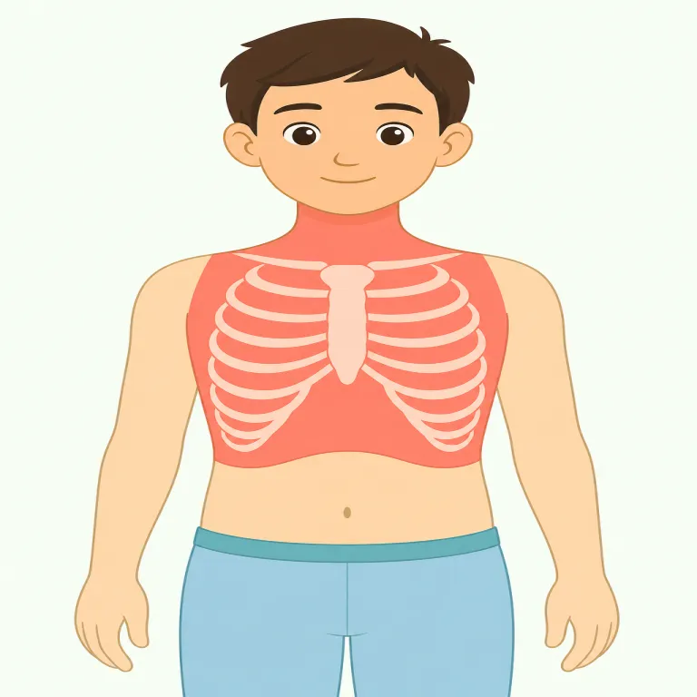 thorax（胸部・名詞）の覚え方イラスト — 日常語の chest よりも、医療・解剖で使う専門語だと押さえると覚えやすい語です
