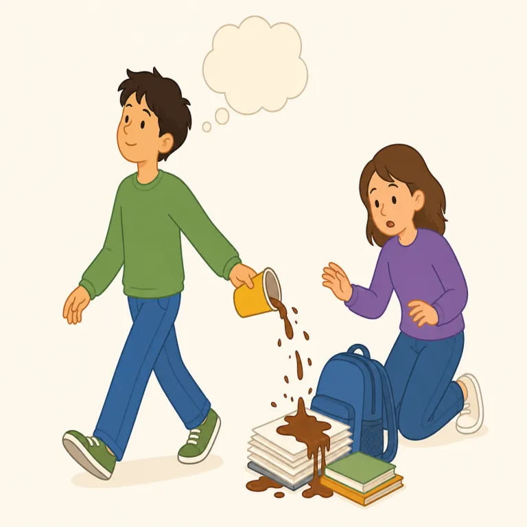 thoughtless（思いやりのない・形容詞）の覚え方イラスト — thoughtless は thought（考え）＋ -less（ない）で、「考えが足りない」から人への配慮が欠ける意味になります