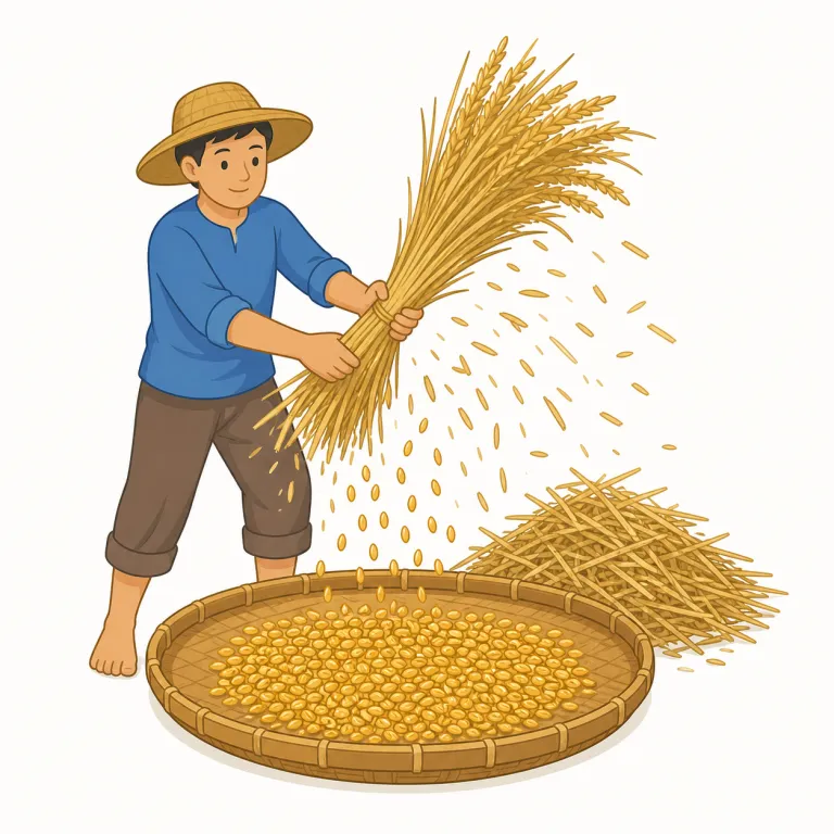 threshing（脱穀・名詞）の覚え方イラスト — threshing は動詞 thresh の -ing 形なので、まず「脱穀するという工程名」と押さえると覚えやすいです