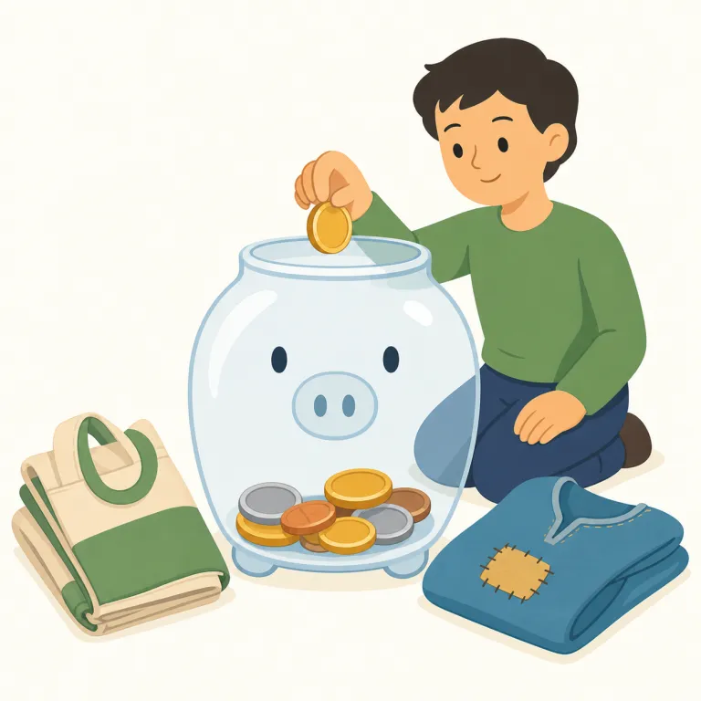 thrift（倹約・名詞）の覚え方イラスト — thrifty（倹約な）や thrift store（中古品を安く買う店）をセットで覚えると定着しやすい語