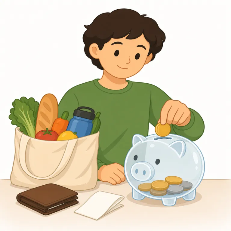 thrifty（倹約家の、無駄遣いしない・形容詞）の覚え方イラスト — thrifty は thrift「倹約」を土台に見れば覚えやすく、thrift + -y で「倹約する性質のある」