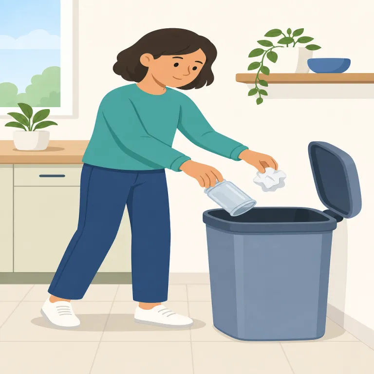 throw away（捨てる・句動詞）の覚え方イラスト — throw を「投げる」、away を「離れて」と考えると、手元の不要な物を自分から遠ざけて処分する動きが見えます