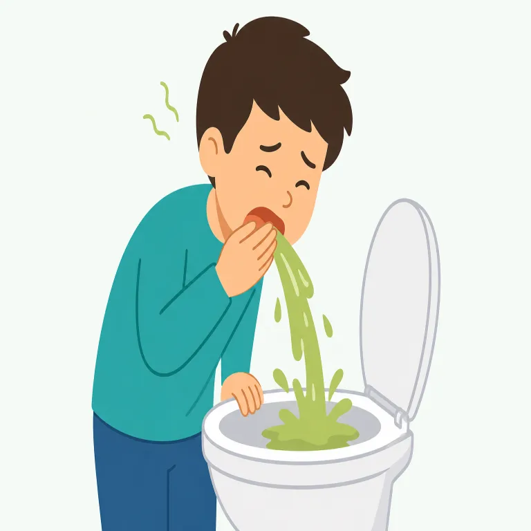 throw up（吐く・句動詞）の覚え方イラスト — throw up は、胃の中のものが急に上へ戻されて口から出る、という具体的な動作を表します