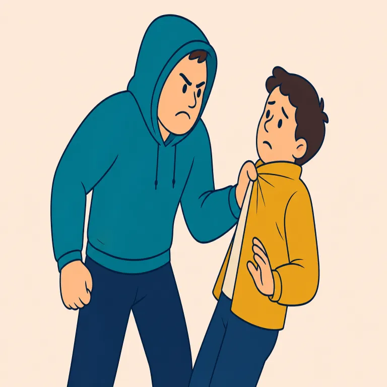 thug（暴漢・名詞）の覚え方イラスト — thug は「暴力を振るう危険な男」という強い非難を含む名詞で、armed thug（武装した暴漢）や gang of thugs（暴漢の一団）が典型