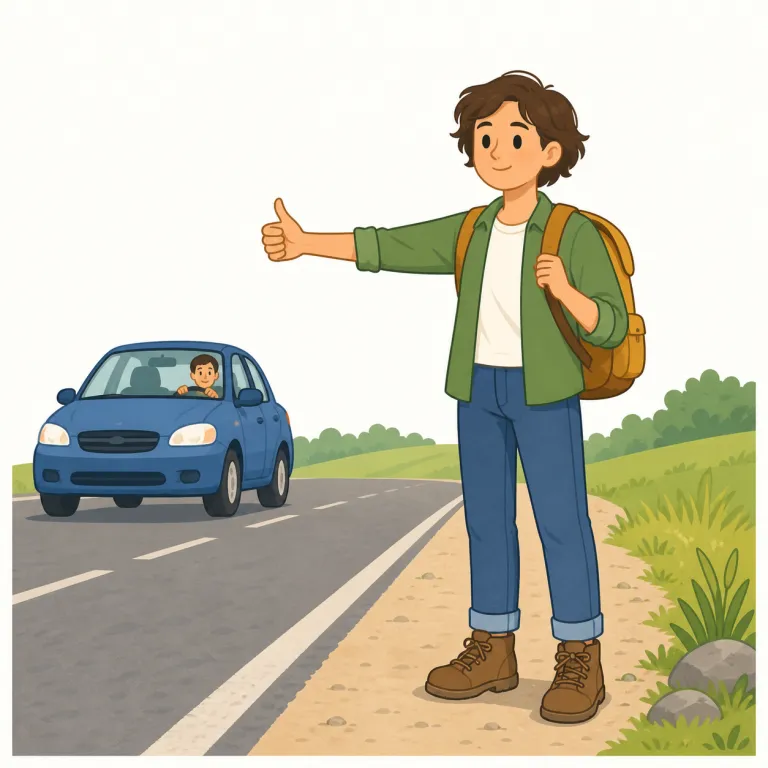 thumb a ride（ヒッチハイクする・イディオム）の覚え方イラスト — thumb＝親指、ride＝車に乗るをそのまま絵で覚えるのが最短です