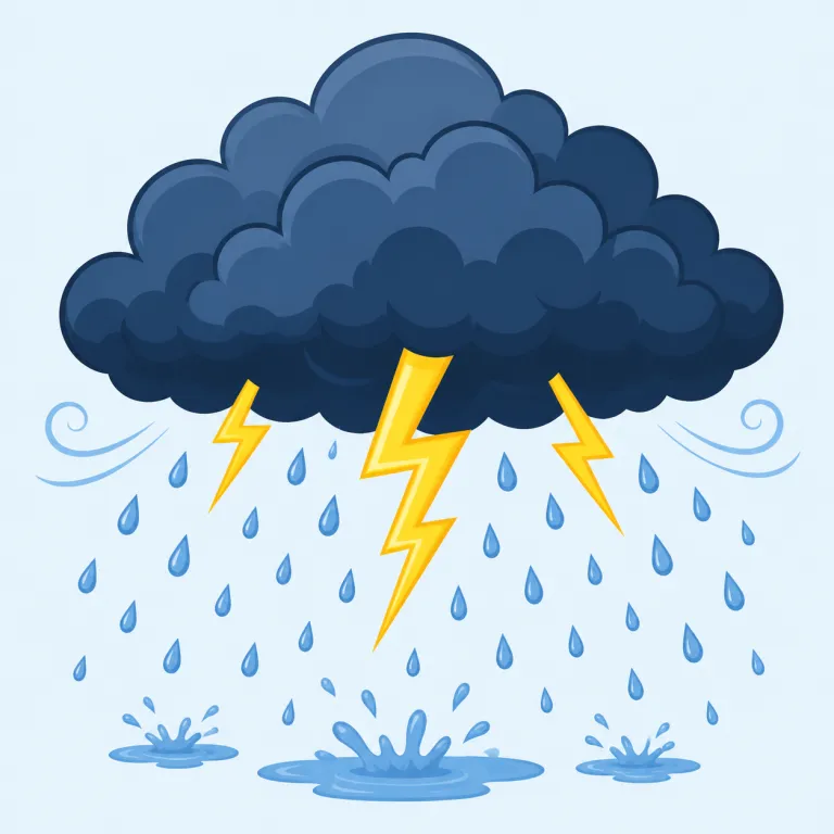 thunderstorm（雷雨・名詞）の覚え方イラスト — thunderstorm は thunder「雷鳴」と storm「嵐」が合わさった分かりやすい複合語です