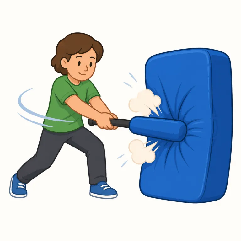 thwack（バシッと打つ・動詞）の覚え方イラスト — thwack を動詞で見るときは、腕や道具が一瞬で振り抜かれ、相手や物に鋭く当たる動きを想像します