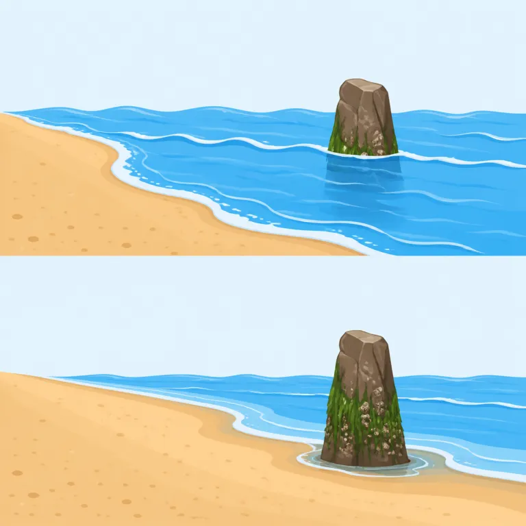 tide（潮・名詞）の覚え方イラスト — tide はまず high tide（満潮）, low tide（干潮）というセットで覚えると定着しやすいです