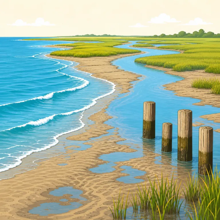 tidewater（潮汐水域・名詞）の覚え方イラスト — tidewater は「潮が入り込む水域」として、地図上の線ではなく現場の水の動きを思い浮かべると覚えやすい