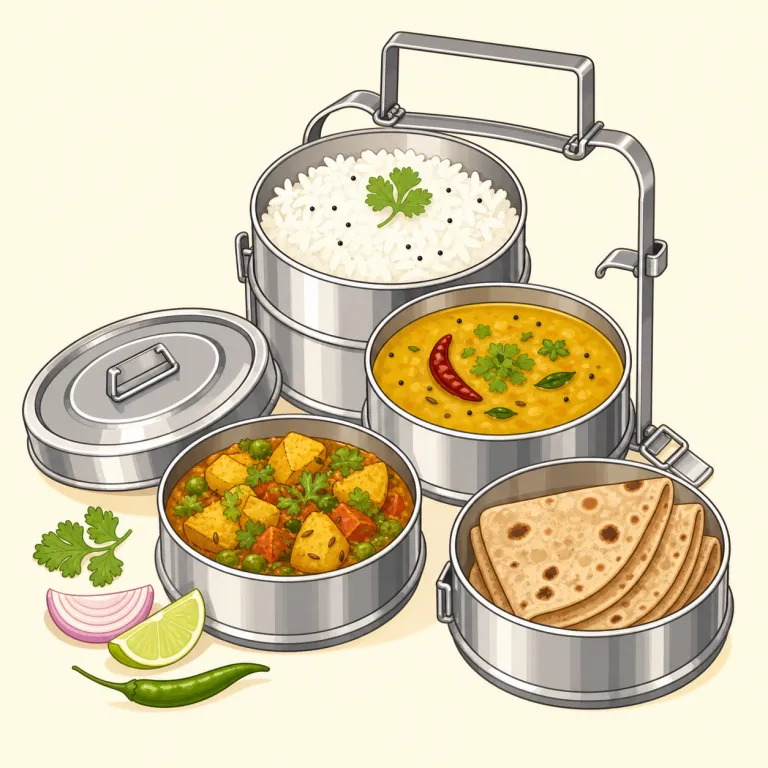 tiffin（（インド英語で）弁当、昼食・名詞）の覚え方イラスト — tiffin は特殊語なので、まず「インド英語で lunch 系の語」とセットで固定すると覚えやすいです