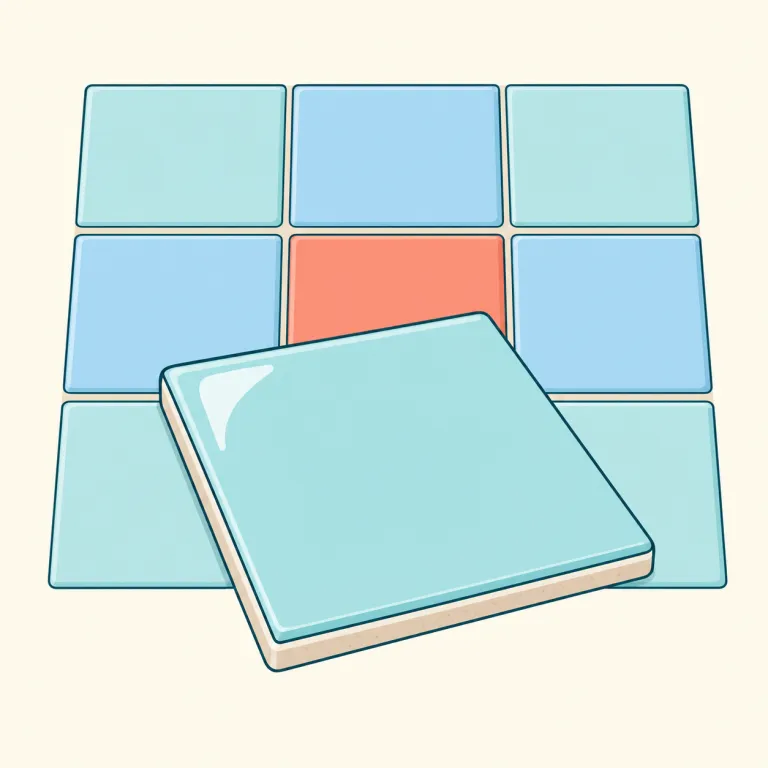 tile（タイル・名詞）の覚え方イラスト — tile は kitchen tiles（台所のタイル）、floor tile（床タイル）、roof tile（屋根瓦）のように、場所や用途を前に置く