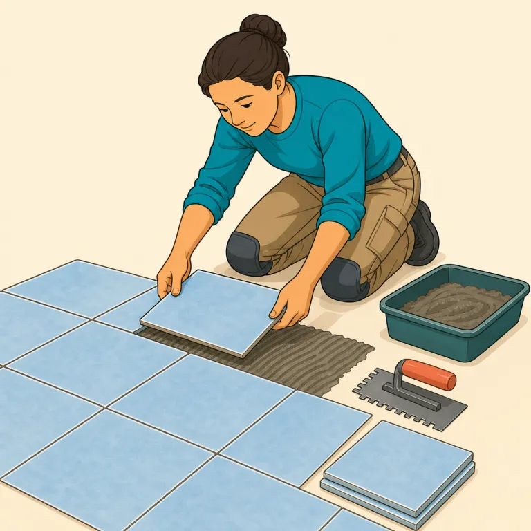 tiler（タイル職人・名詞）の覚え方イラスト — tiler は tile に「人」を表す -er が付いた形です