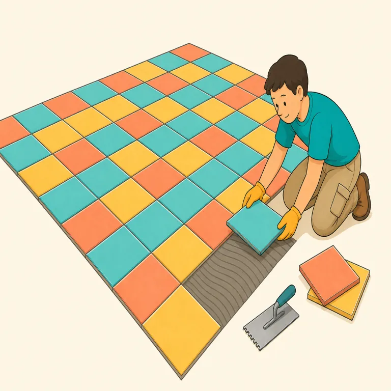 tiling（タイル貼り・名詞）の覚え方イラスト — まず tile が「タイル」、-ing が「その作業・工程」を表す形だと押さえると、tiling は「タイルを貼ること」と覚えやすいです