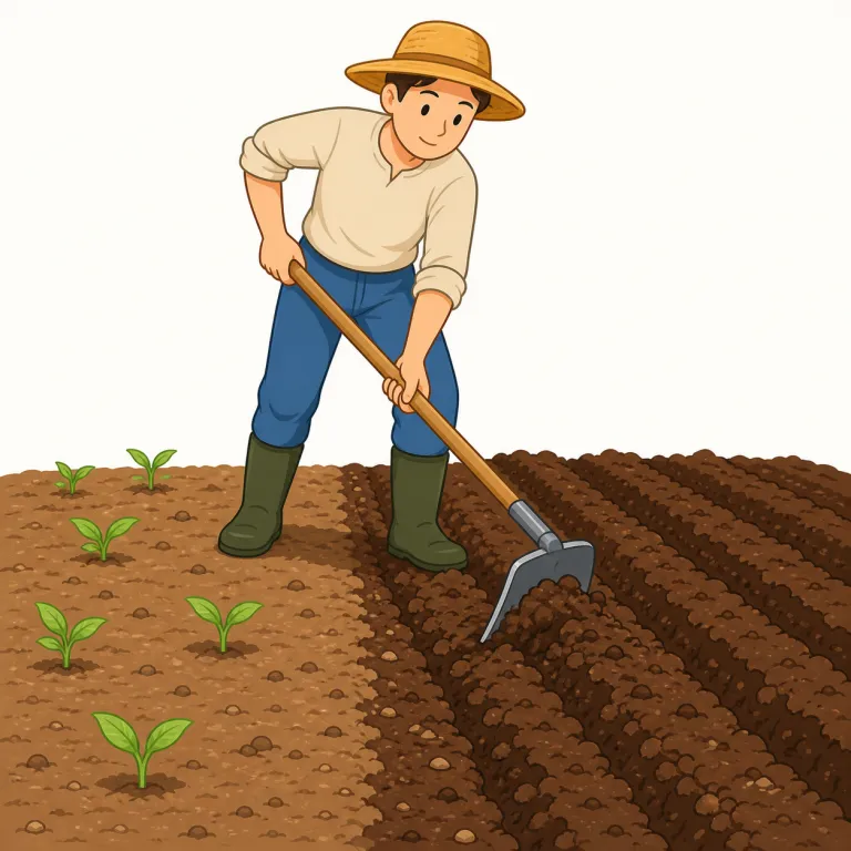 tilling（耕す・動詞）の覚え方イラスト — tilling は、畑や庭の土を鋤・鍬・トラクターなどで起こし、砕いて整える農作業として覚えます