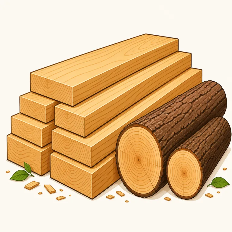 timber（木材・名詞）の覚え方イラスト — wood は素材としての「木」全般ですが、timber はそこから一段具体的で、「建物の柱や梁になる、太くて強い木材」と置くと覚えやすいです