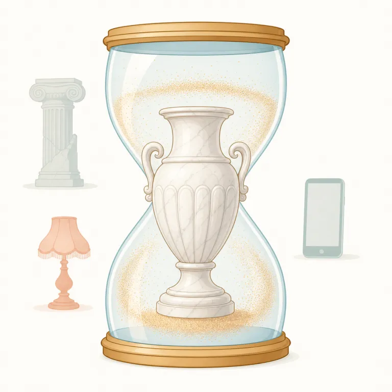 timeless（時代を超えた・形容詞）の覚え方イラスト — time + -less を「特定の時代色がない」と見ると、この意味を覚えやすくなります