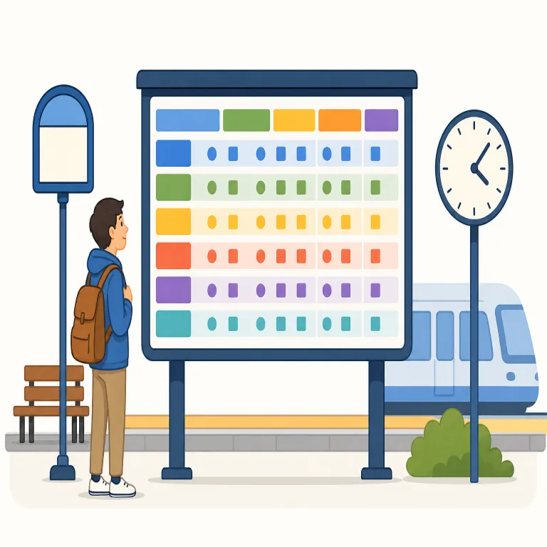 timetable（時刻表・名詞）の覚え方イラスト — timetable は time と table から成り、「時間を表にしたもの」という核があります