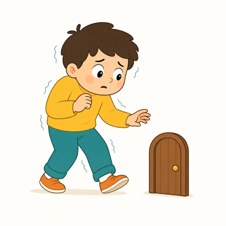 timidly（恐る恐る・副詞）の覚え方イラスト — まず timid「臆病な・気後れした」を押さえ、そこに副詞の -ly が付いて「臆病な様子で」→「恐る恐る」