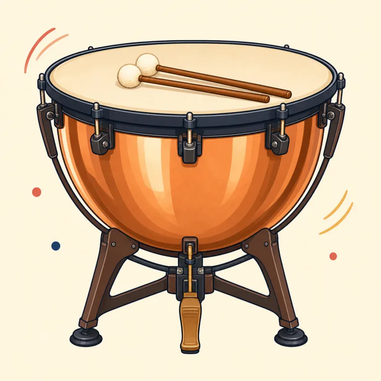 timpani（ティンパニ・名詞）の覚え方イラスト — timpani は個別の細かい意味より、「オーケストラ後方に並ぶ、音程を変えられる大きな太鼓セット」と場面ごと覚えると残りやすい語です