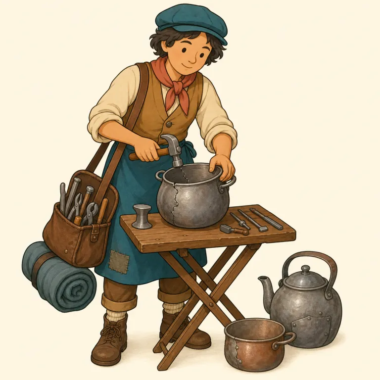 tinker（いじくる・動詞）の覚え方イラスト — tinker は昔の「鍋や金物を直す職人」から来た動詞で、今は機械や設定を少しずつ試しながら「いじくる」意味です