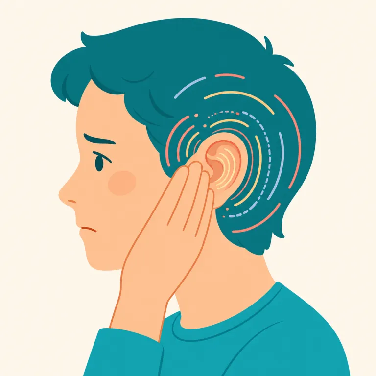 tinnitus（耳鳴り・名詞）の覚え方イラスト — tinnitus は医療・健康文脈でよく見る語