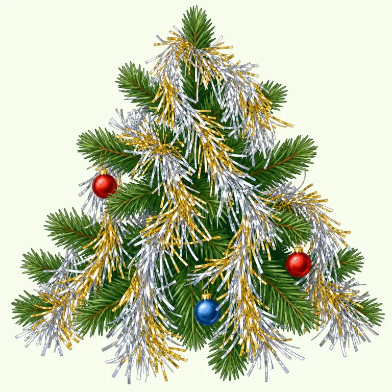 tinsel（キラキラの飾り・名詞）の覚え方イラスト — Christmas tree の飾りでよく出る語として場面ごと覚えるのが早いです